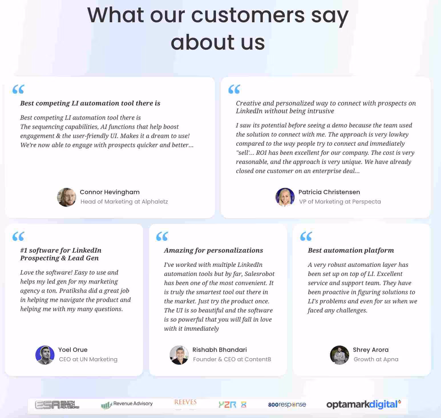 Customer testimonials about the product's automation and personalization features.
