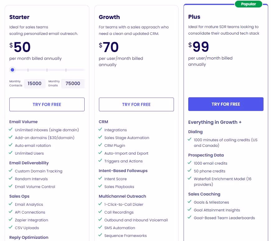 Klenty pricing plans: Starter, Growth, and Plus.