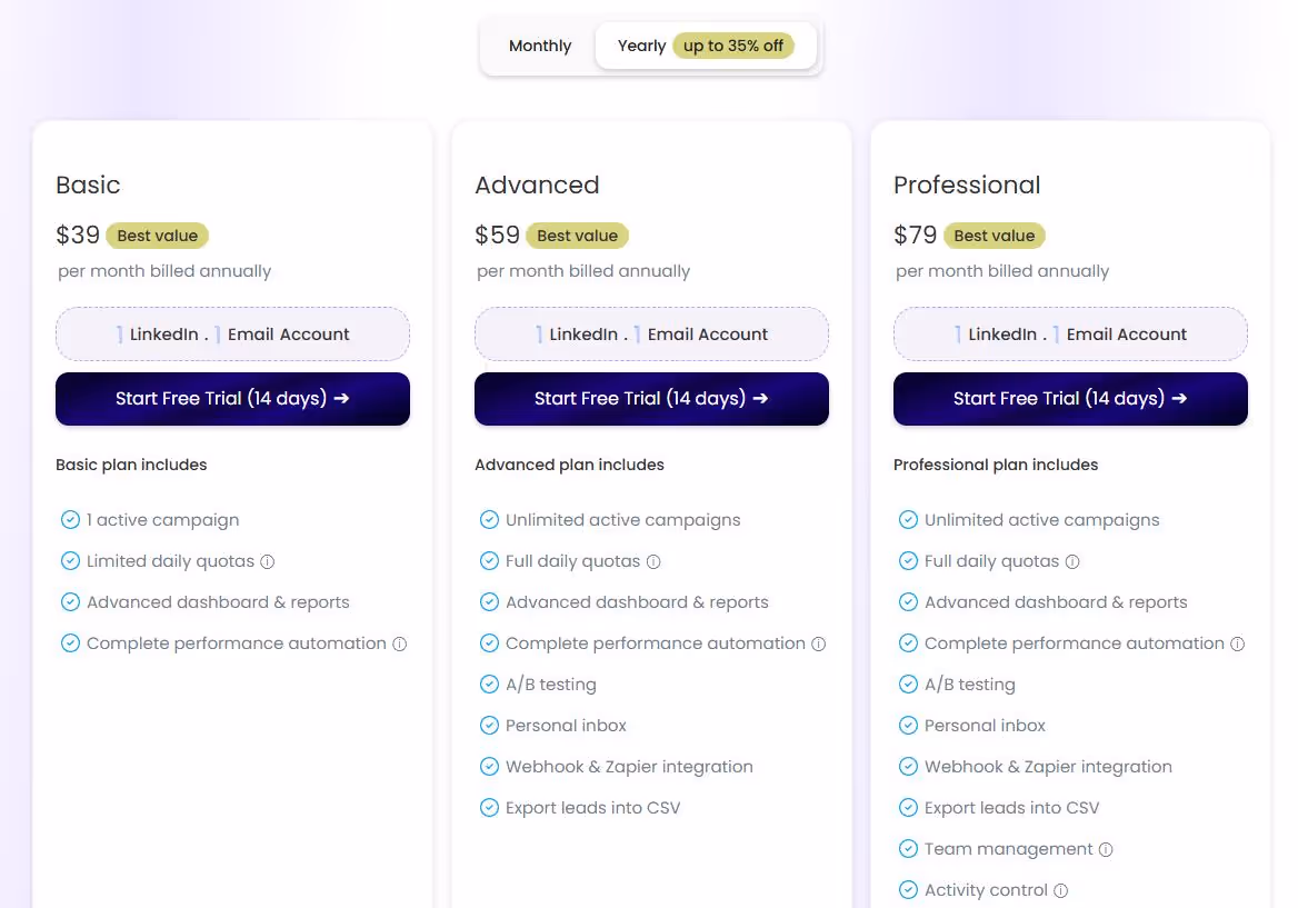 Pricing plans for SalesRobot: Basic, Advanced, and Professional.