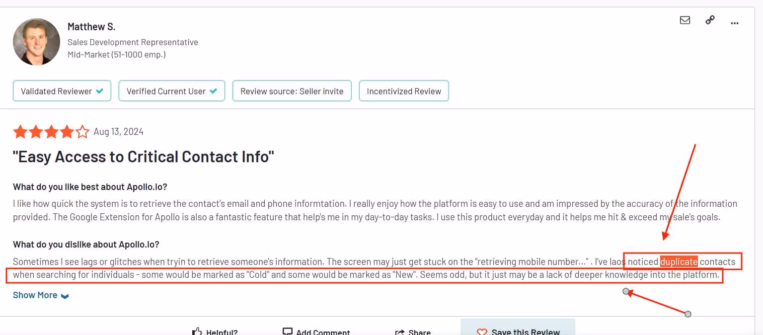 A bad review of Apollo.io by a user who's upset about his duplicate contacts.