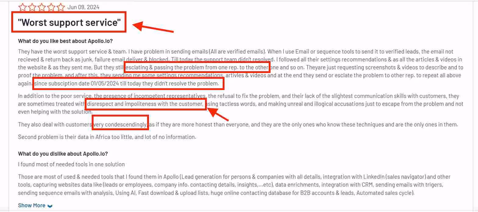 A bad review of Apollo.io by a user who's upset about its terrible customer support.
