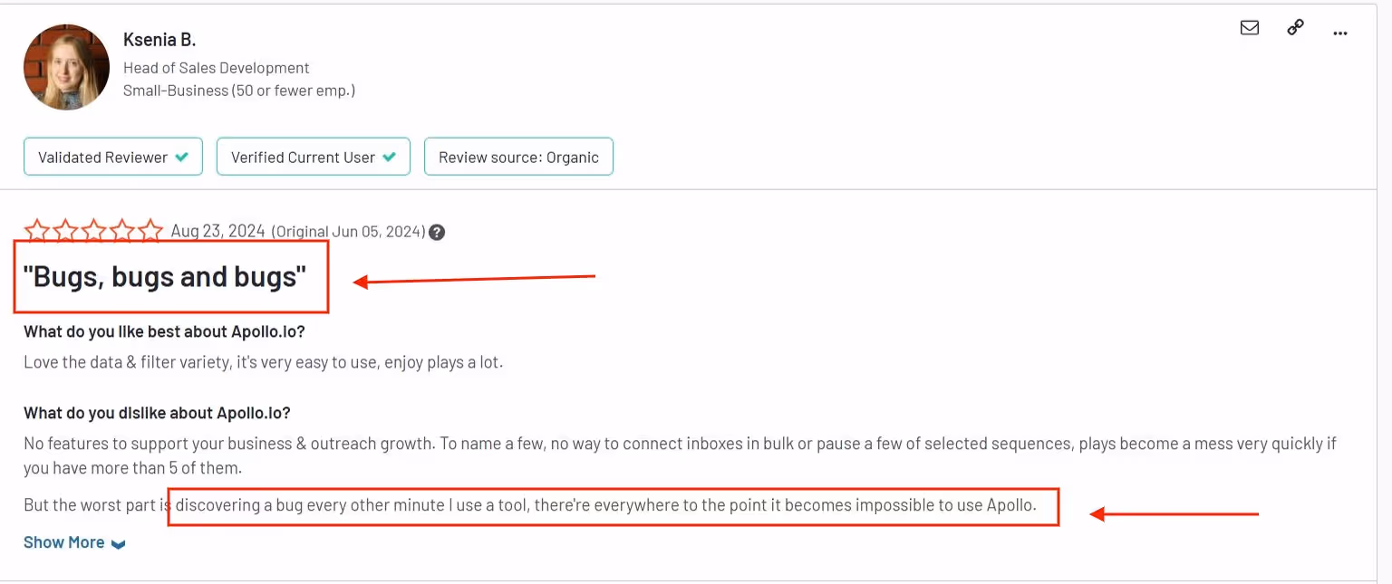 A bad review of Apollo.io by an upset user who is complaining about the frequent bugs one encounters there.