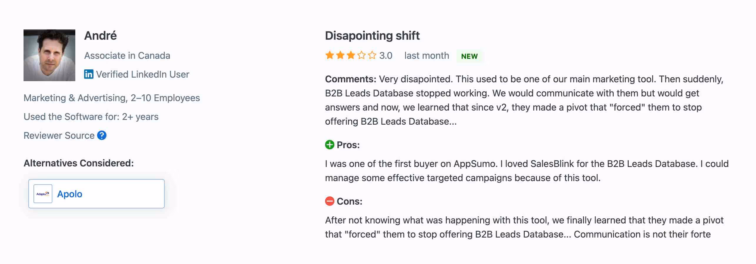 SalesBlink negative review on Capterra