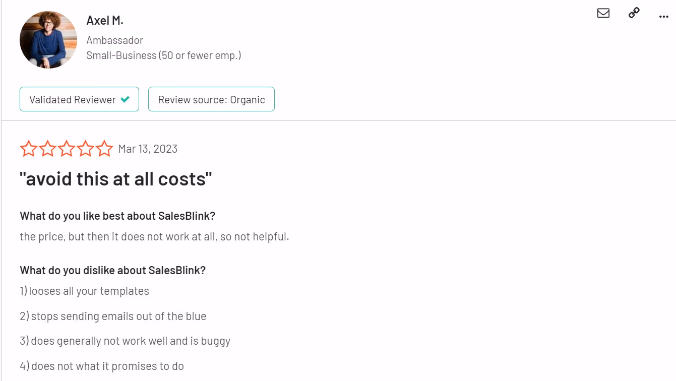 SalesBlink negative review on G2