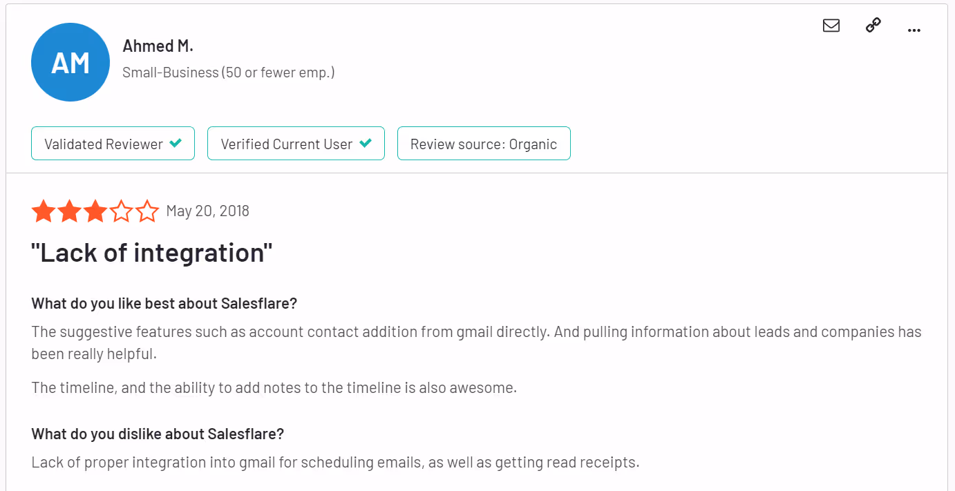 Salesflare negative review on G2