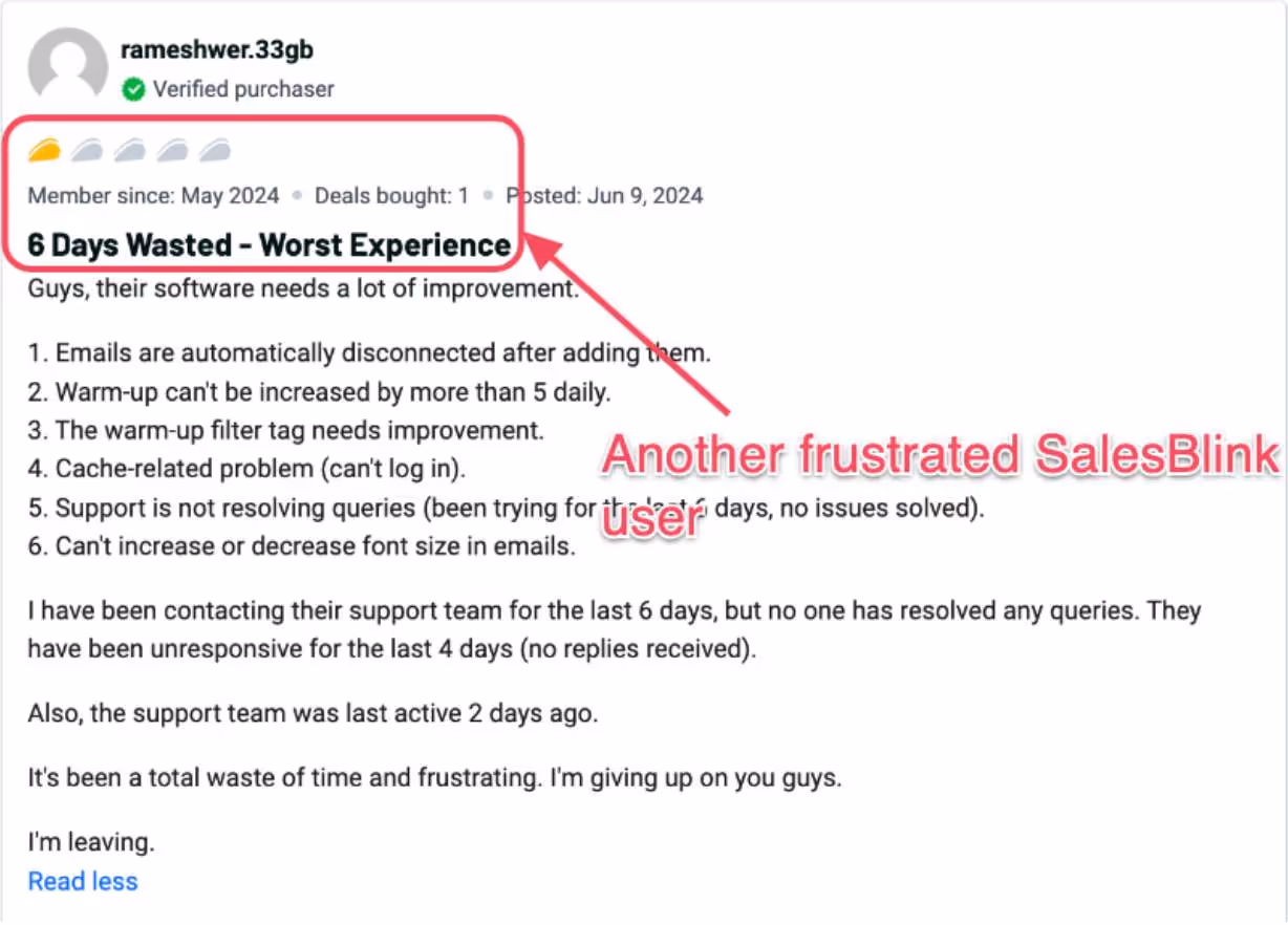 Salesblink negative review on Appsumo