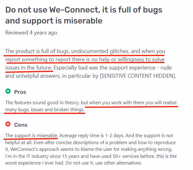 User review of We-Connect saying it has too many bugs
