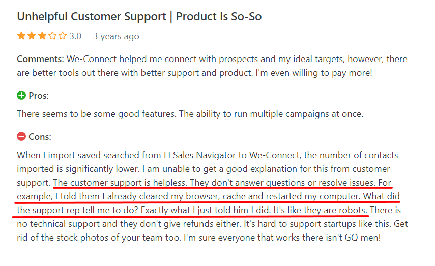 User review of We-Connect saying its customer support is unhelpful
