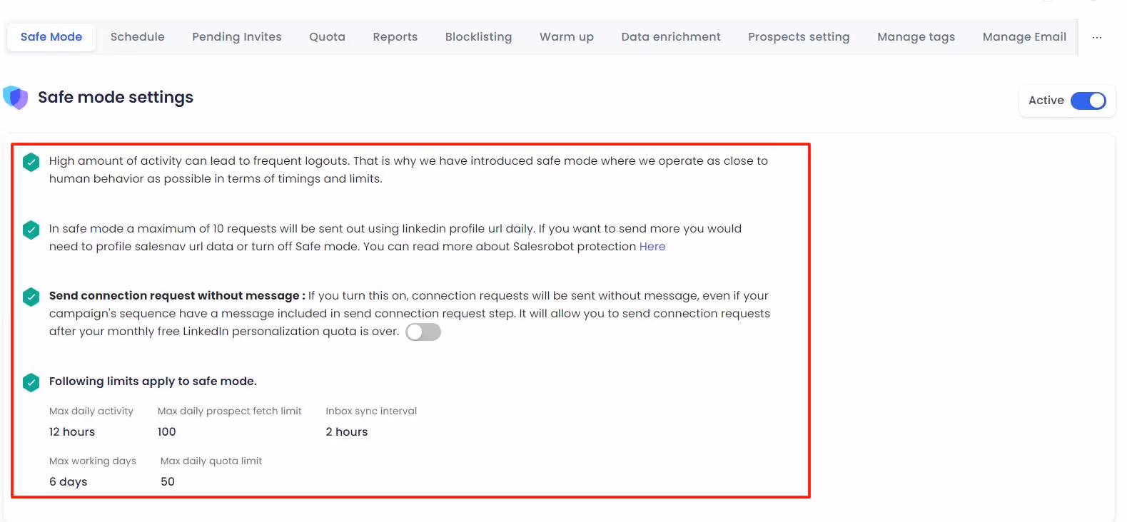 Salesrobot safe mode settings
