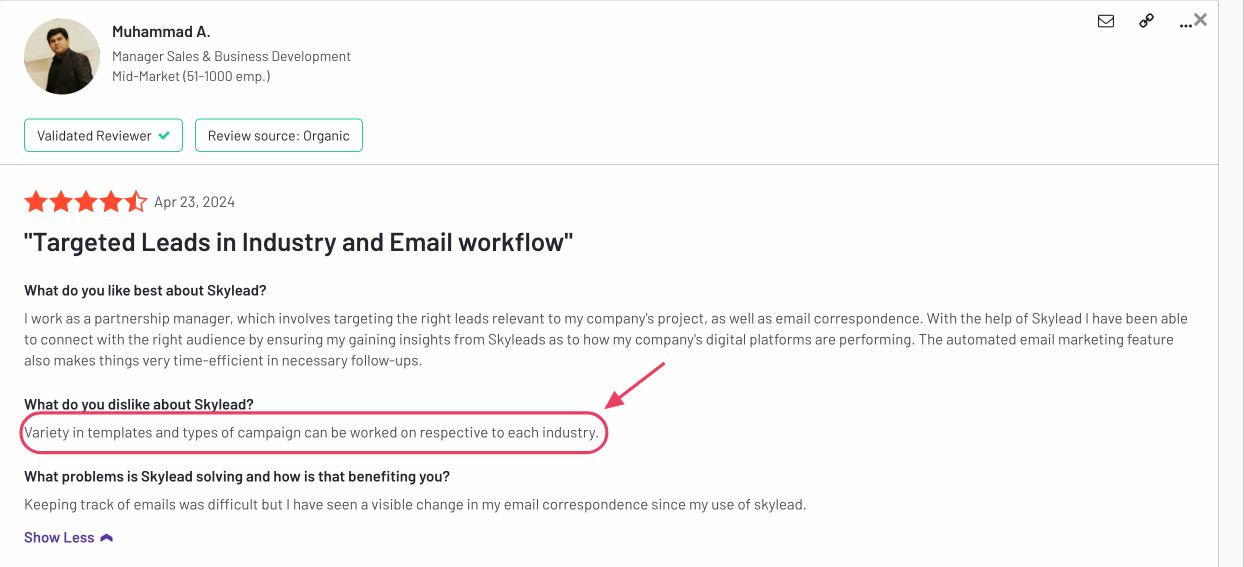 Poor template user review for Skylead