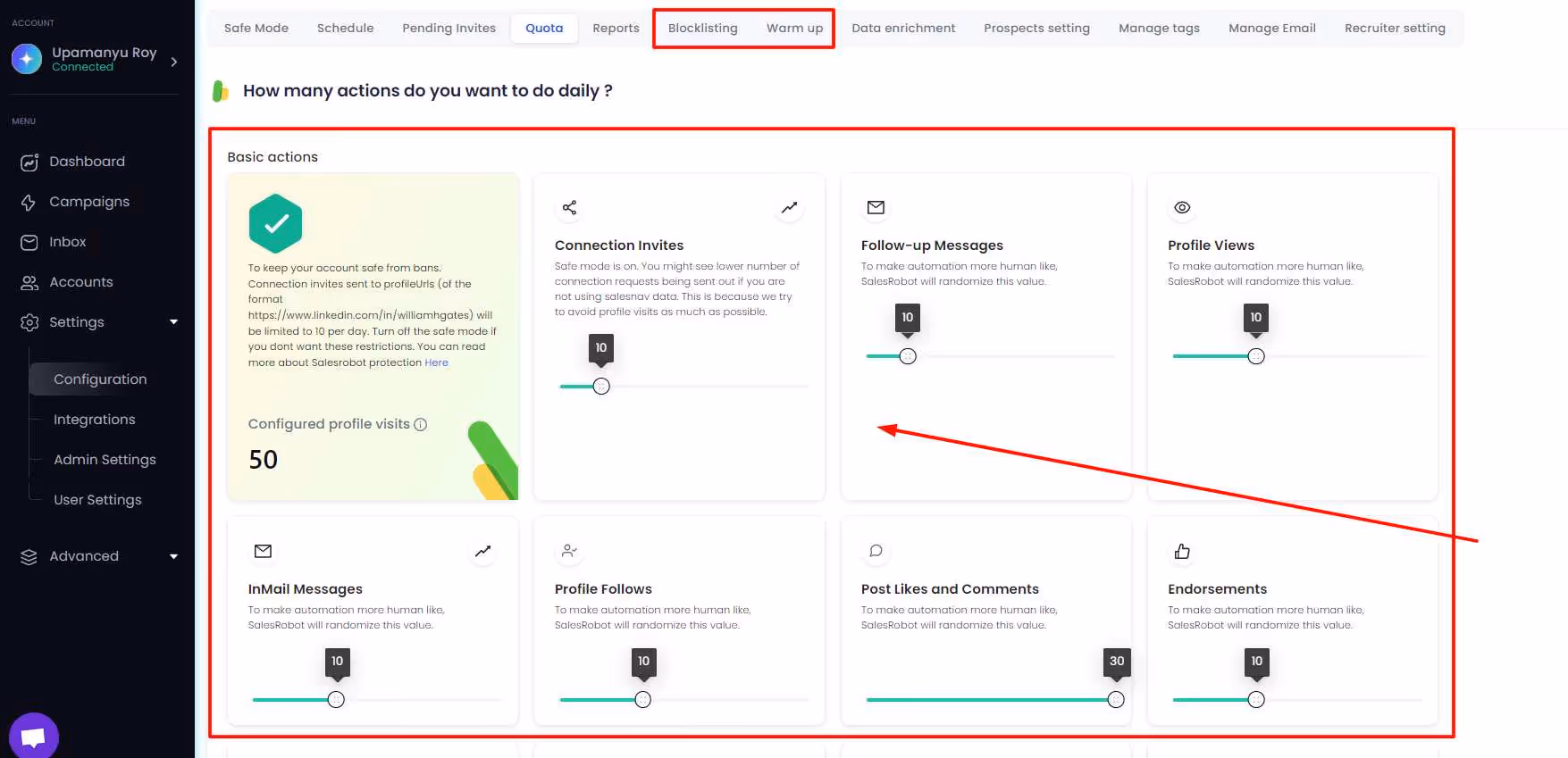 Salesrobot safety settings