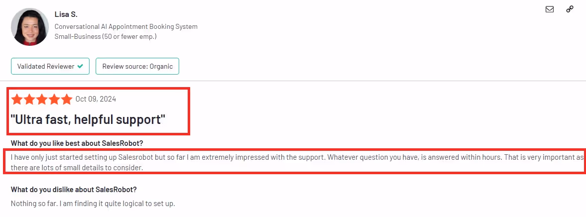 User review of Salesrobot saying the customer support
