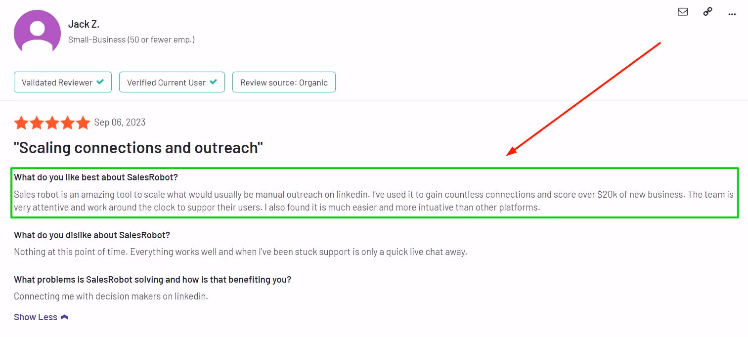 User review of Salesrobot saying they could find a new vertical in the market with Salesrobot