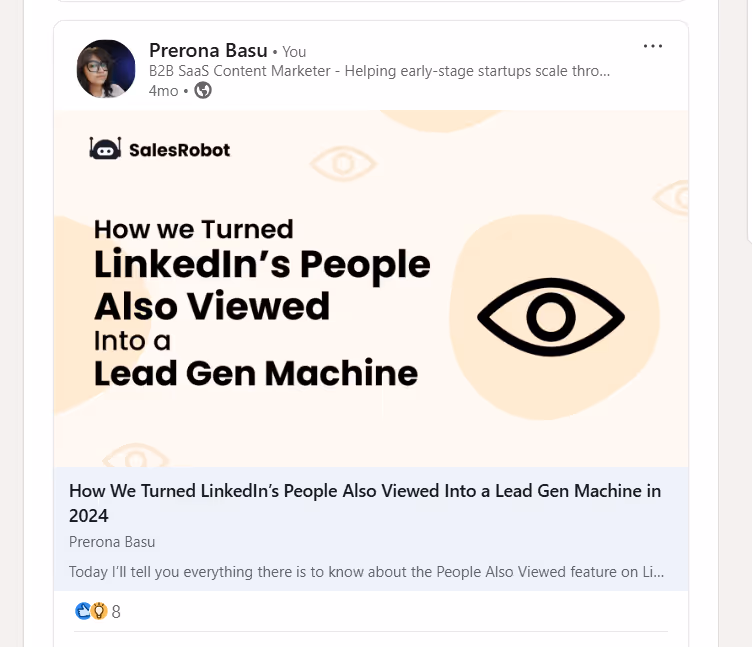 A LinkedIn post by Prerona Basu about turning LinkedIn's People Also Viewed into a Lead Gen Machine.