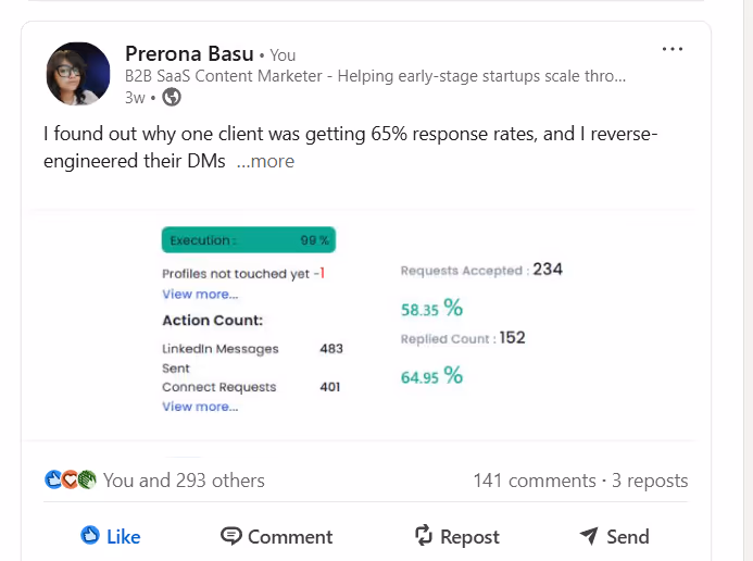 A LinkedIn post by Prerona Basu showing statistics related to lead generation.