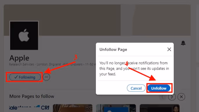 Step to unfollow company page on LinkedIn