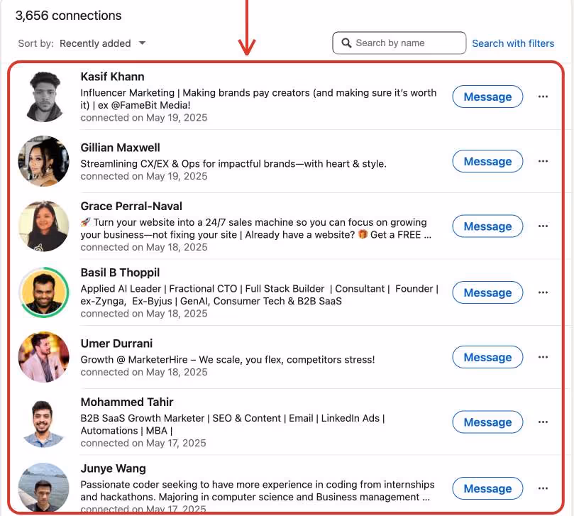 List of connections in LinkedIn