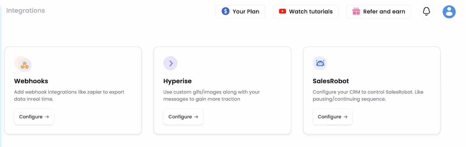 Salesrobot screenshot of integration options