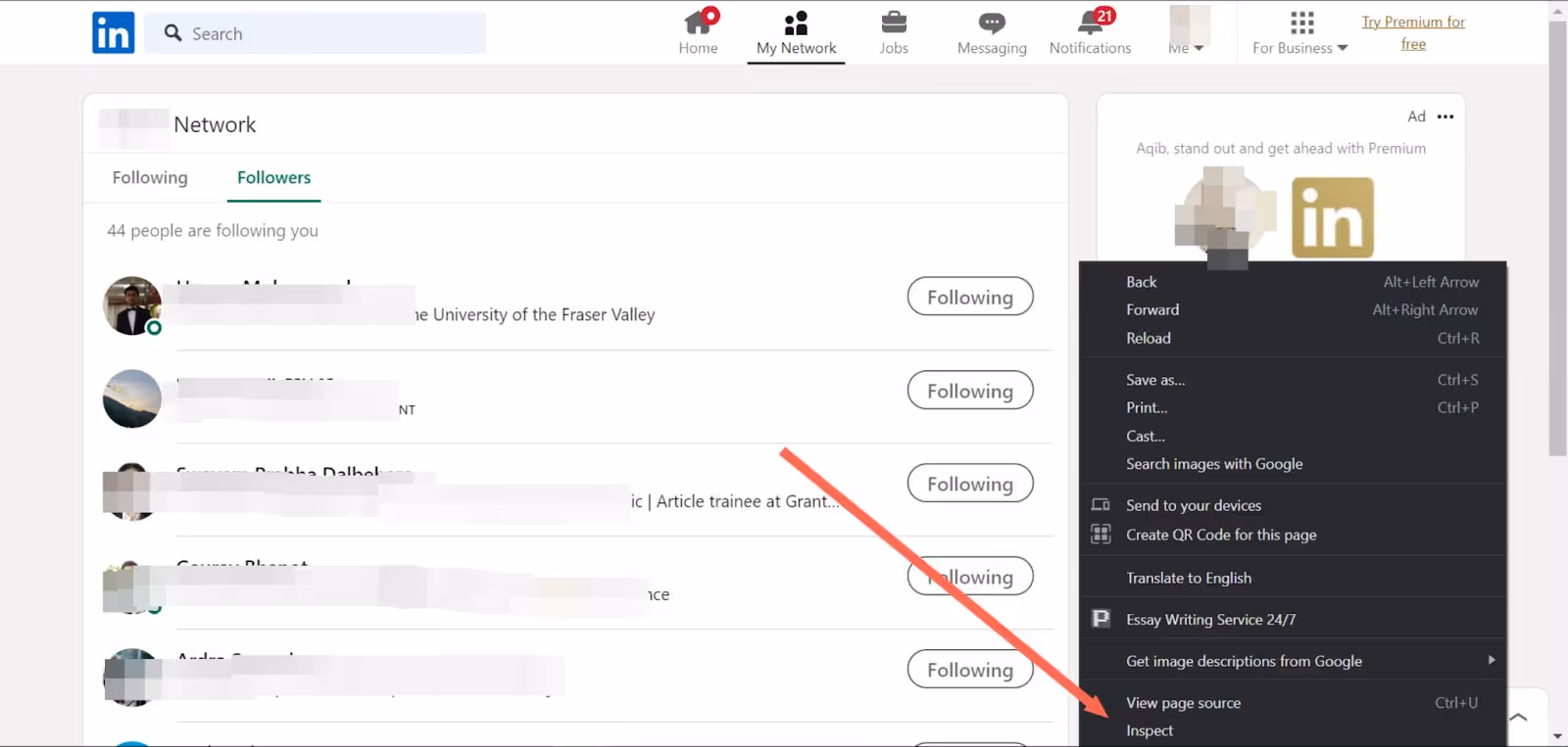Step 1 to mass unfollow people on LinkedIn