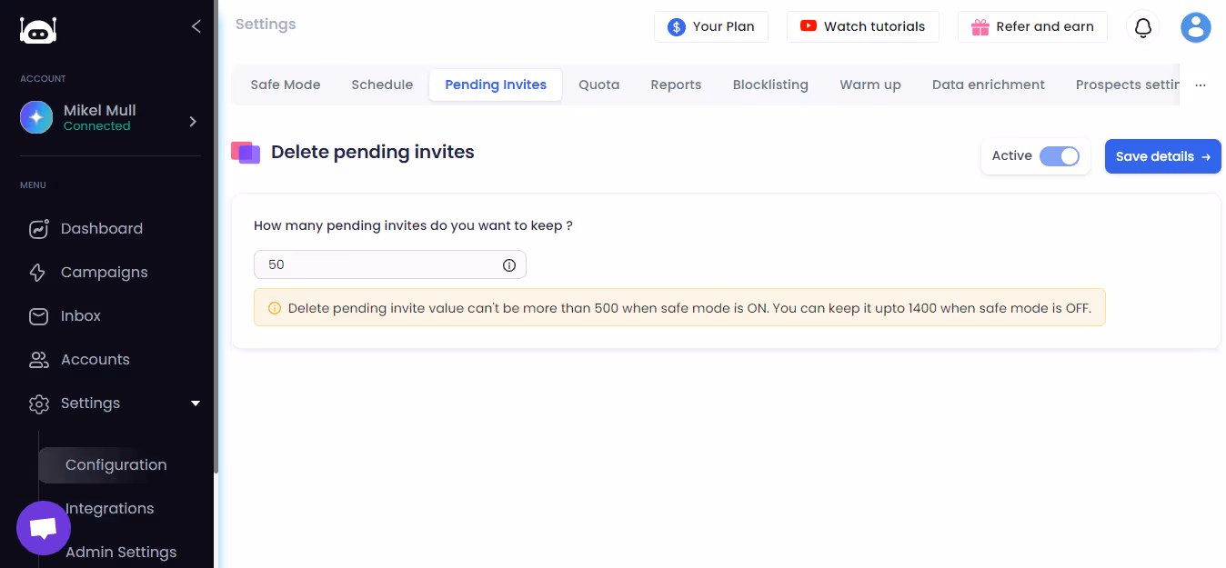 Delete pending invites option in Salesrobot.
