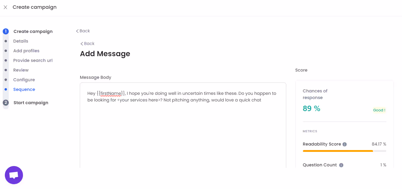 Probability of getting a response calculated by Salesrobot based on a given message input.