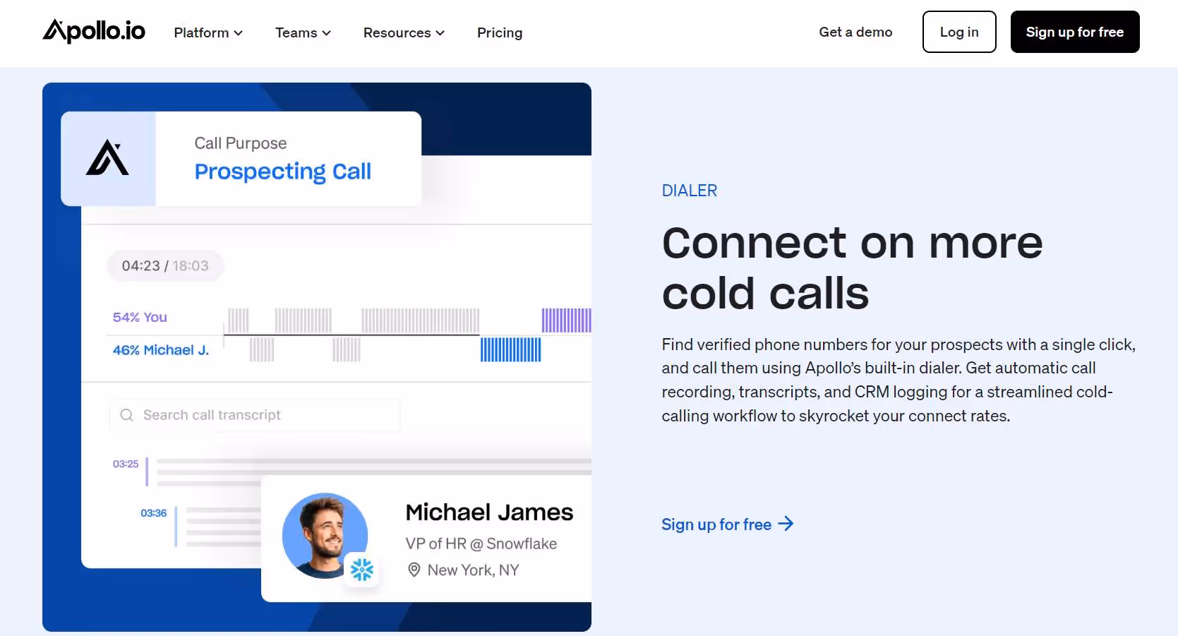 The image shows a landing page for Apollo.io's dialer feature, emphasizing making more cold calls.