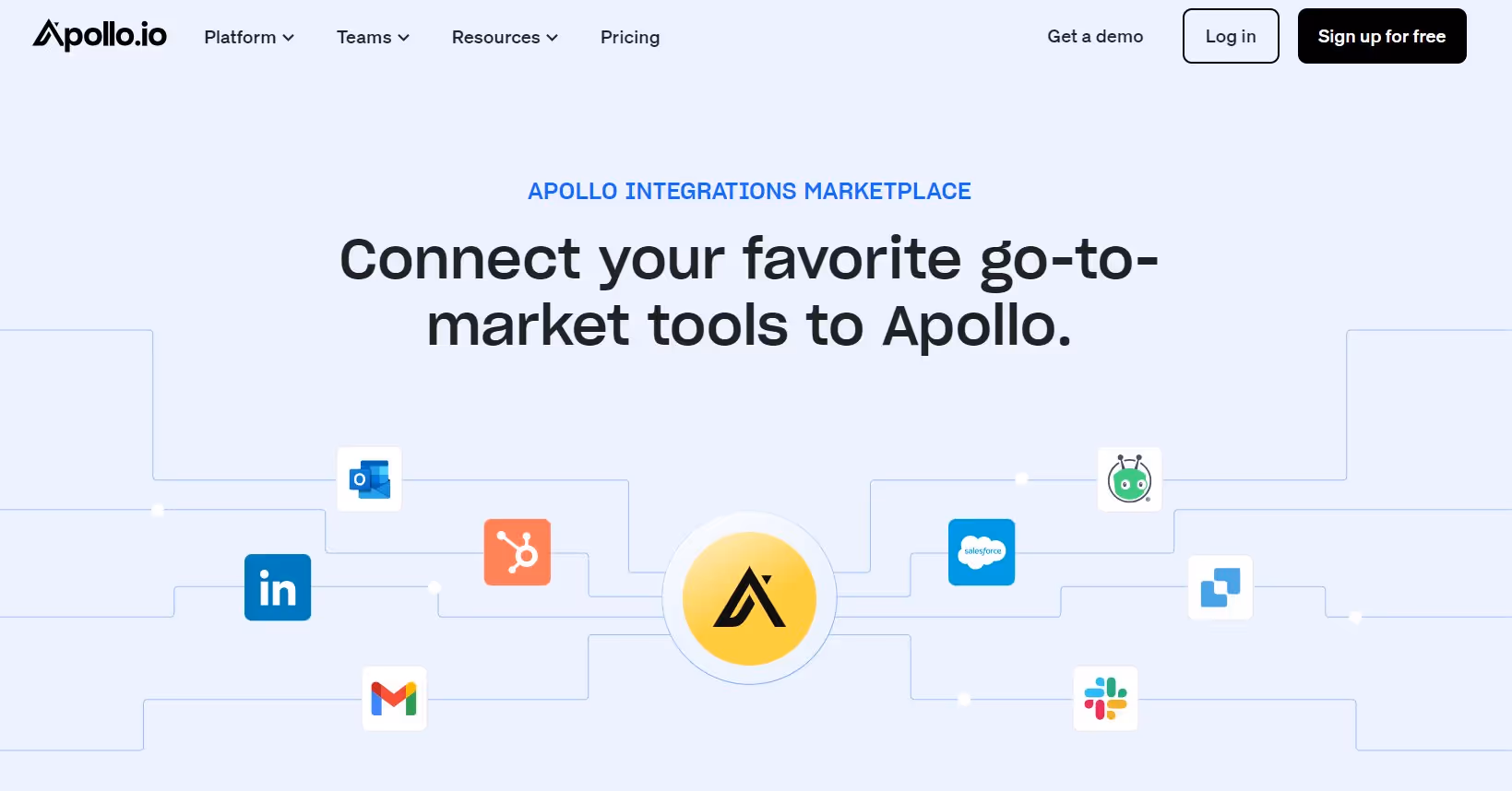 The image shows a landing page for Apollo.io integrations marketplace.