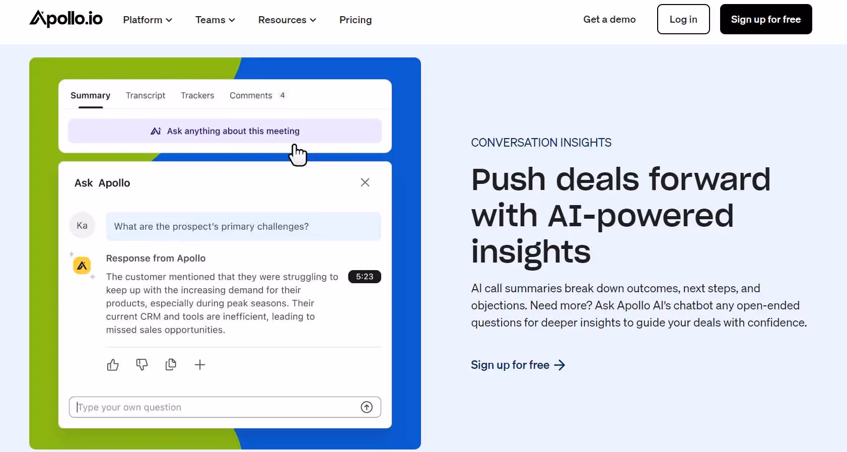 Apollo.io platform interface showing AI-powered conversation insights.