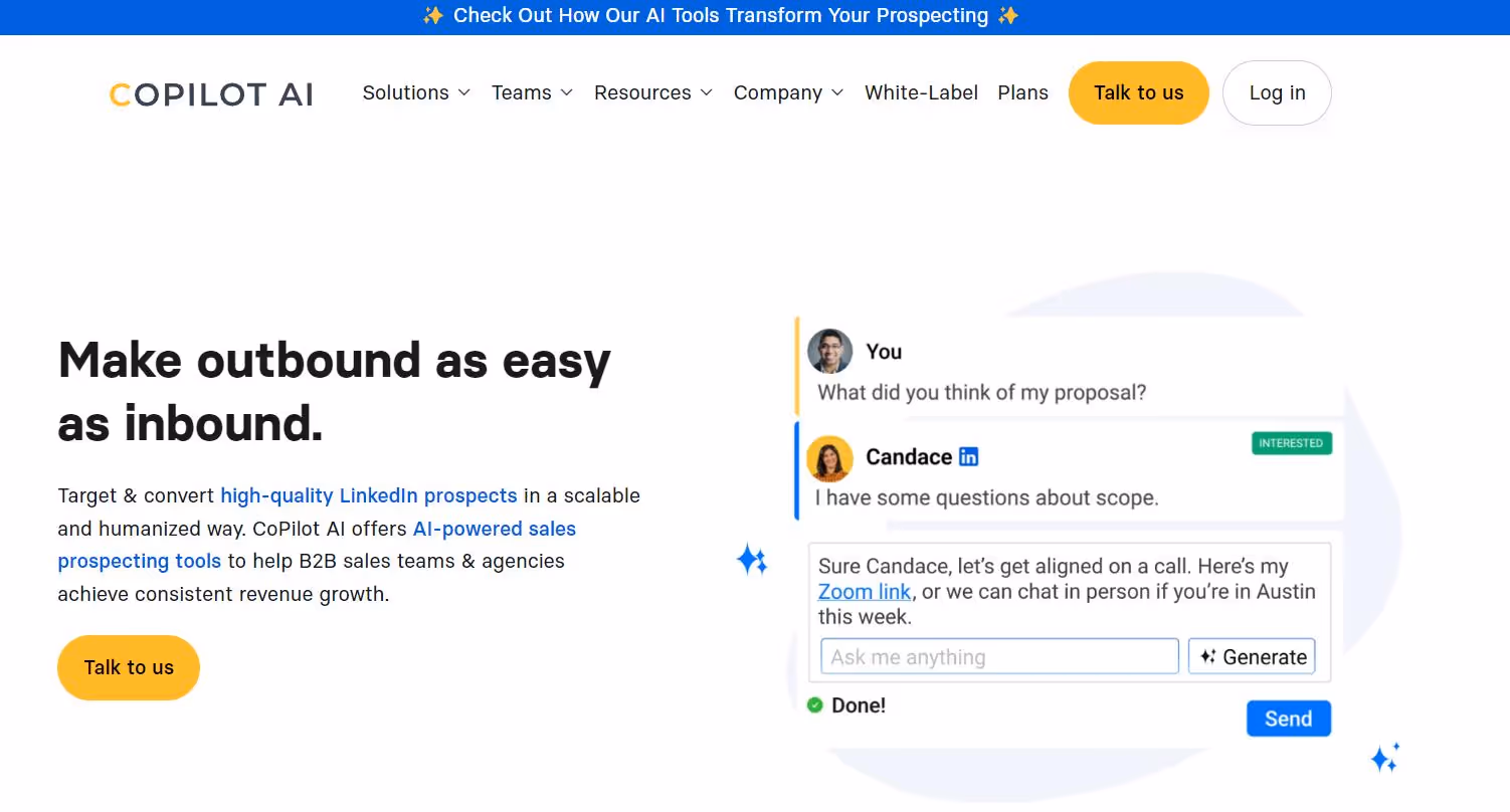 CoPilot AI website promoting outbound sales automation.
