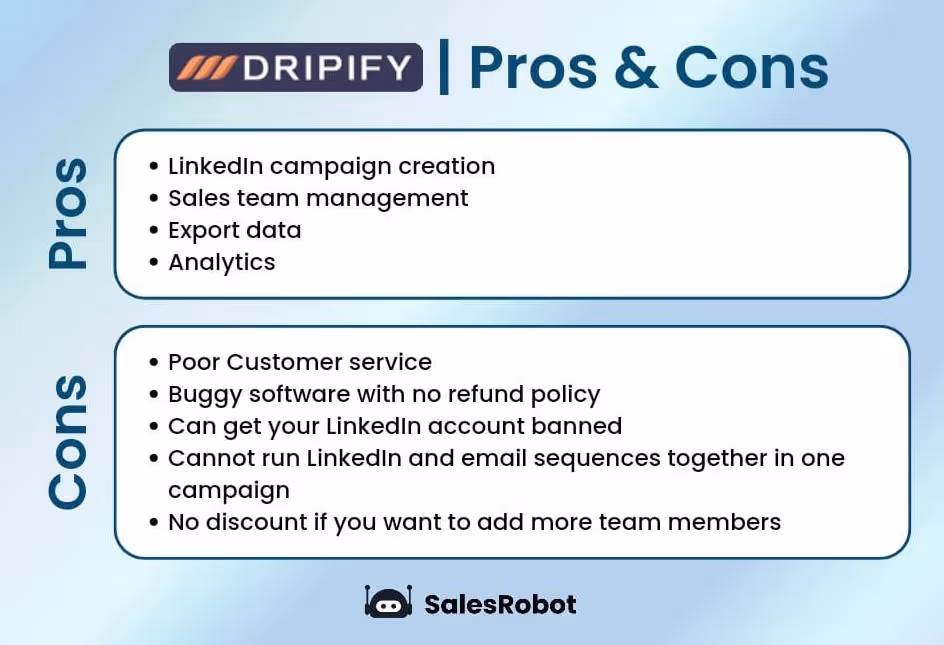Pros and cons infographic of Dripify