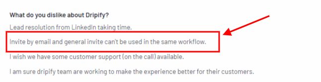 A negative review about Dripify's workflow.