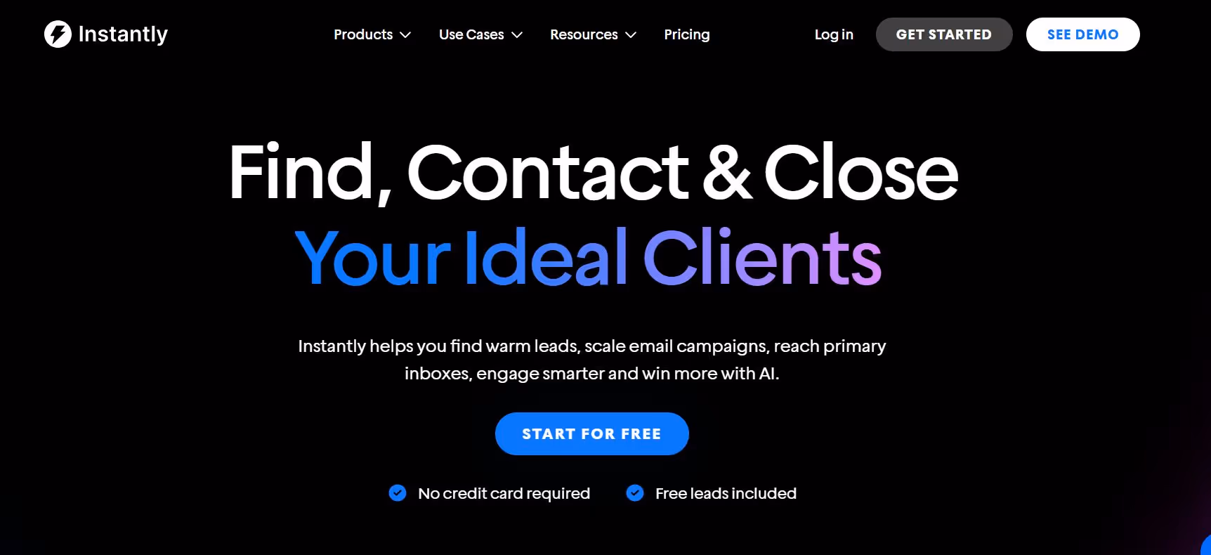 Instantly.ai website screenshot highlighting its features for finding and contacting ideal clients.