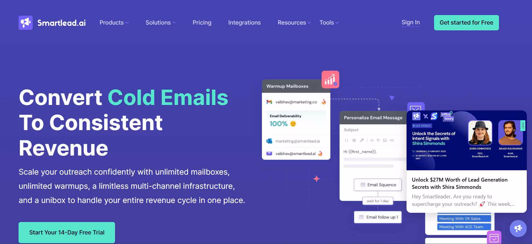 Smartlead.ai website screenshot showing features for converting cold emails to revenue.