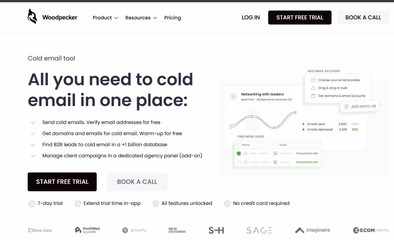 Woodpecker cold email tool website showcasing features and benefits.