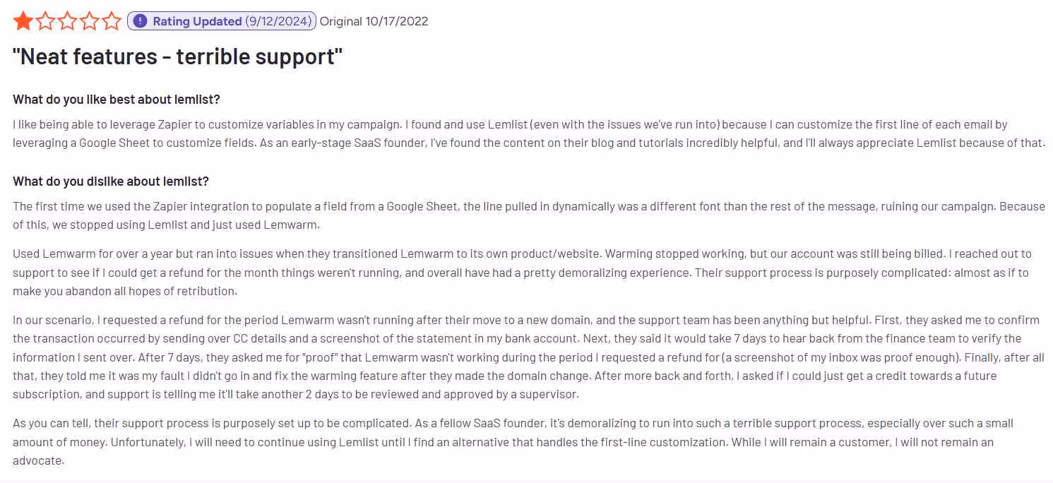Negative customer review of Lemlist.