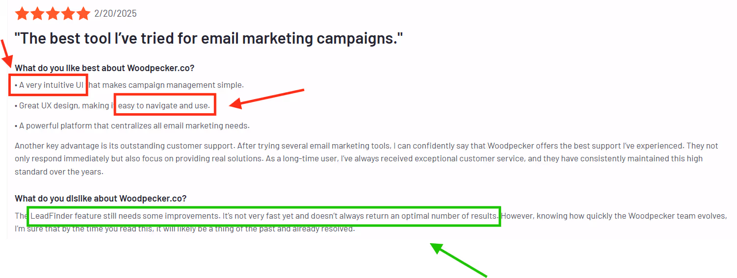 Five-star Woodpecker review praising the intuitive UI, great UX design, and exceptional customer support.