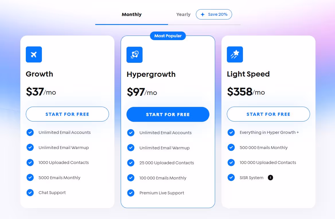 Instantly.ai pricing plans for Growth, Hypergrowth, and Light Speed options.