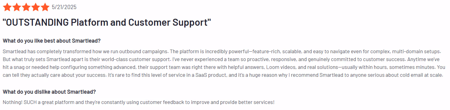 Five-star review of Smartlead.ai praising its platform and customer support.