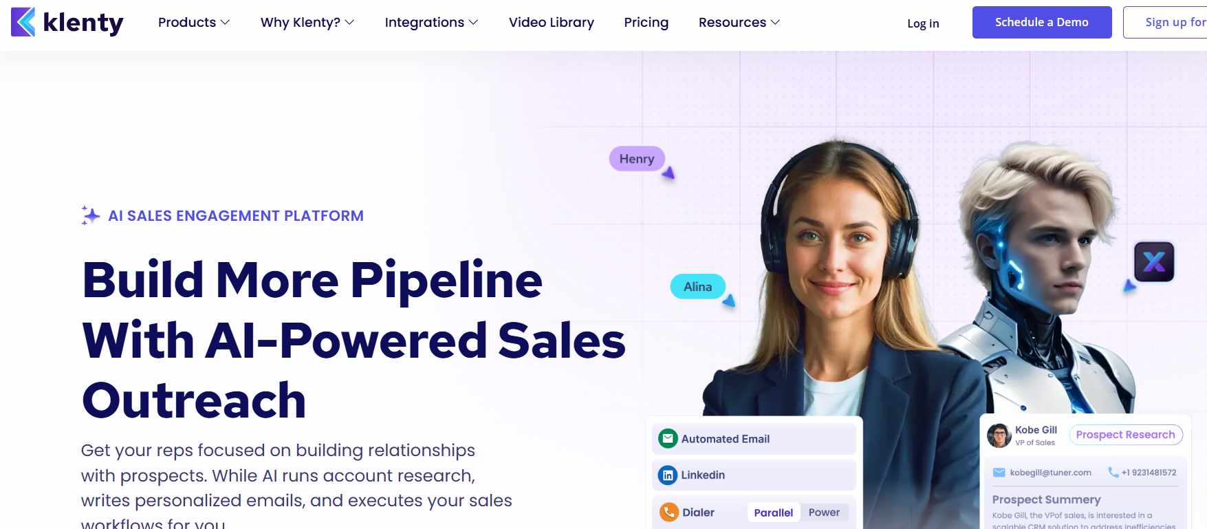 Klenty's homepage saying AI-powered sales outreach platform to build more pipeline.