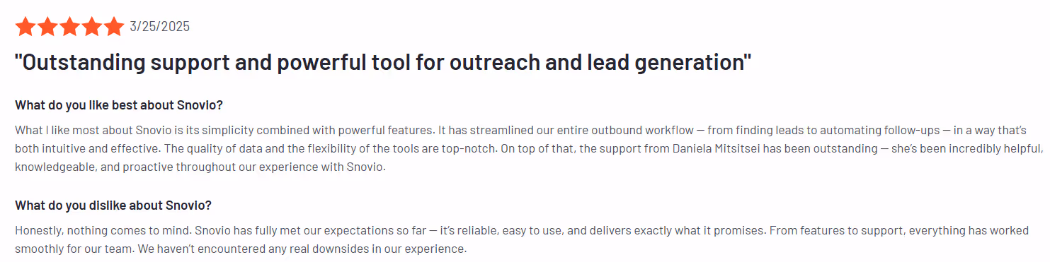 Positive review of Snovio.
