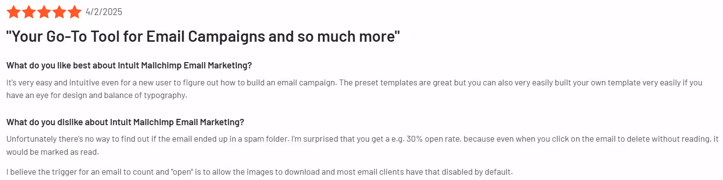 Positive review of Mailchimp email marketing.