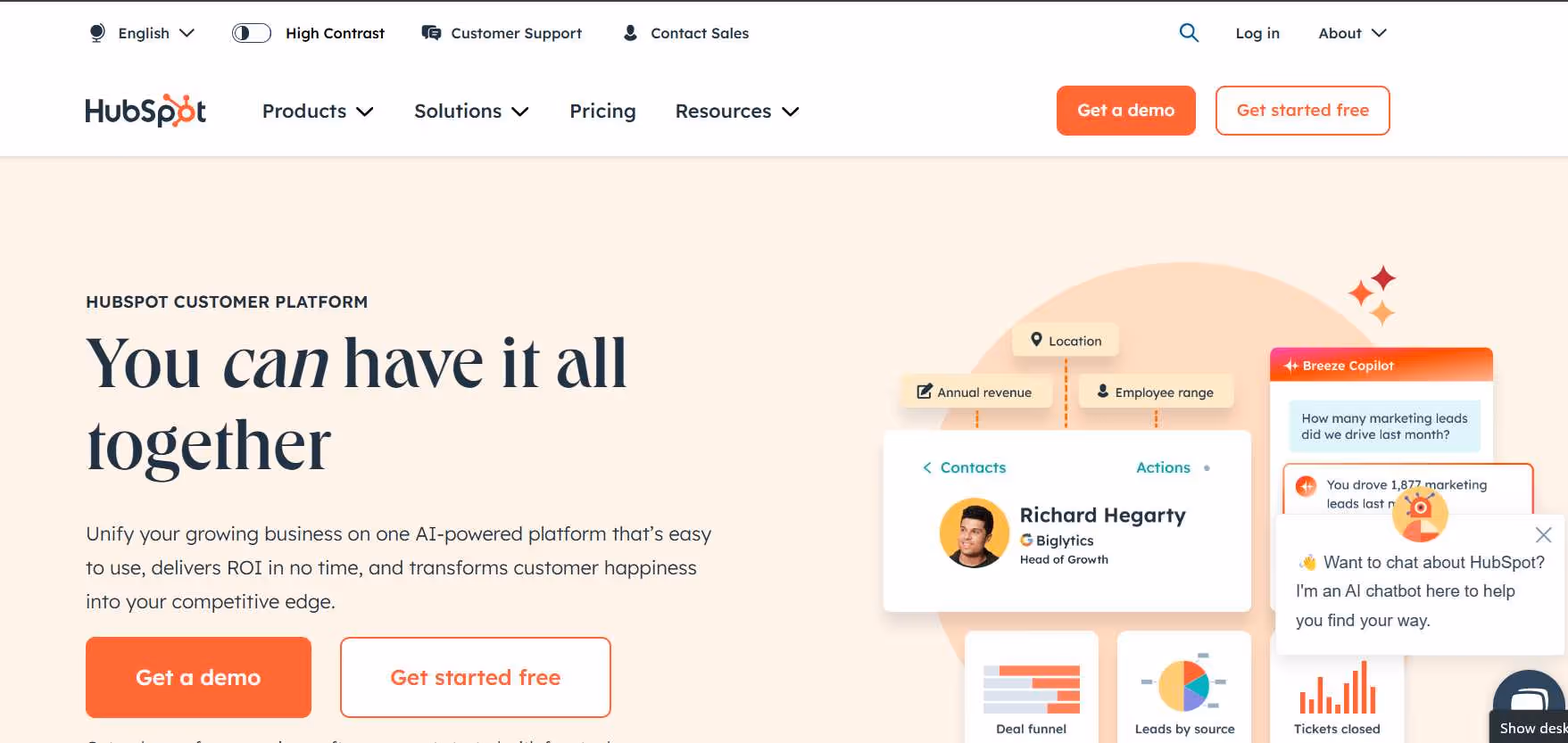 HubSpot CRM software website screenshot.