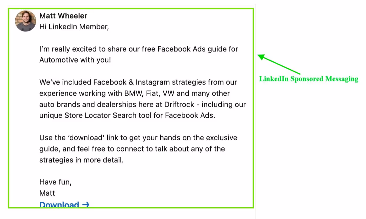 Example of LinkedIn sponsored messaging ad