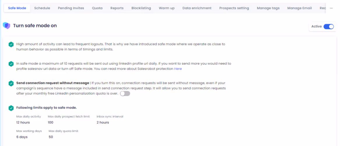 Safemode in SalesRobot