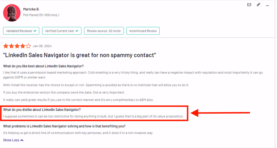 G2 review of LinkedIn Sales Nav