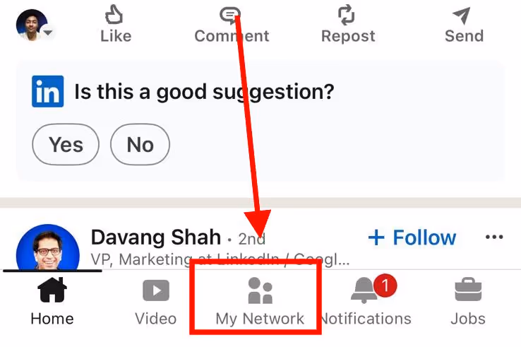 Step 1 to block someone on LinkedIn on mobile
