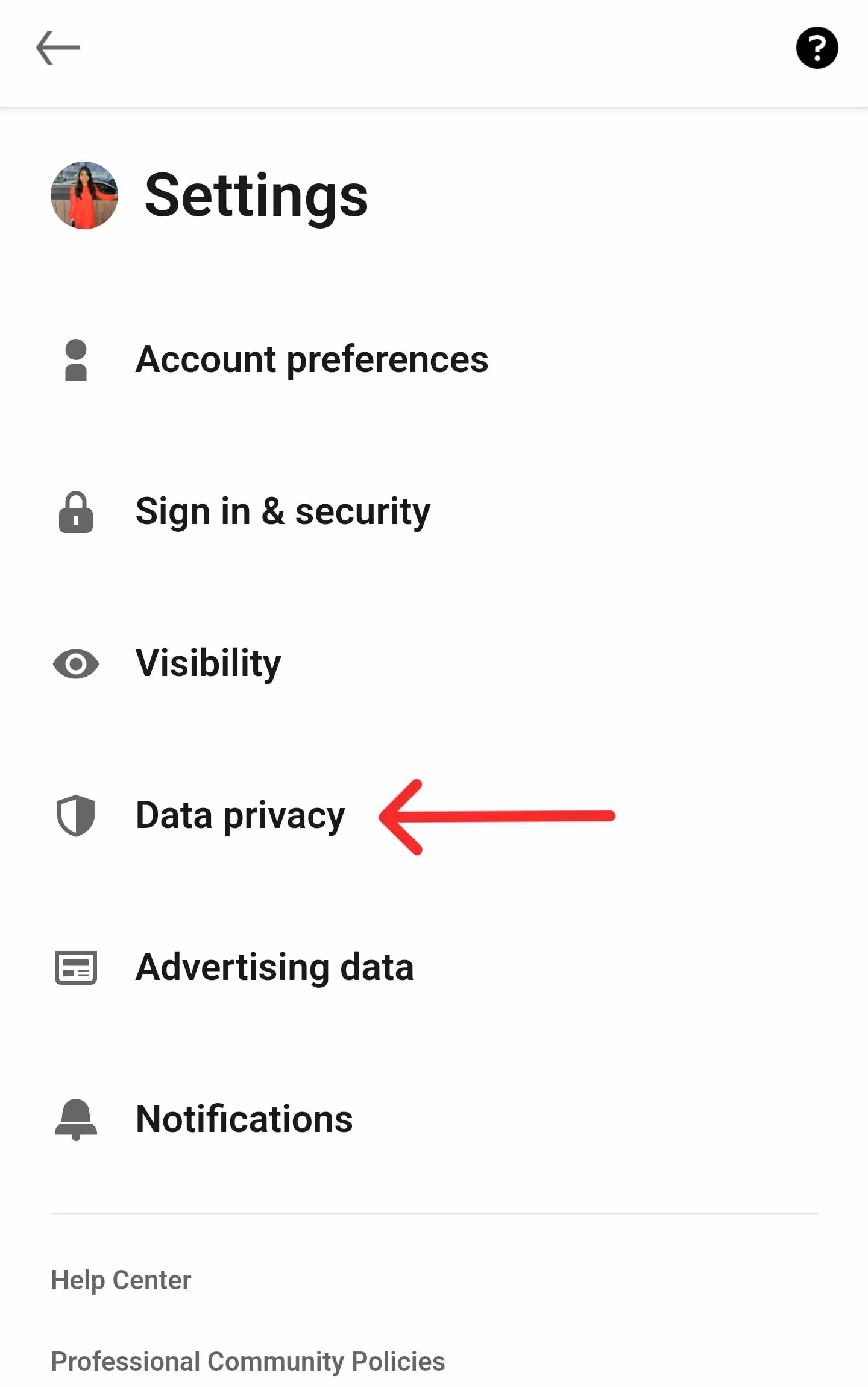 Data privacy option on LinkedIn app.