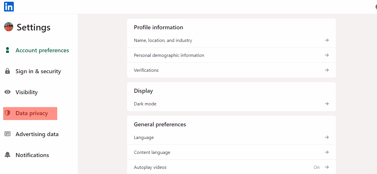 Data privacy option on LinkedIn website.