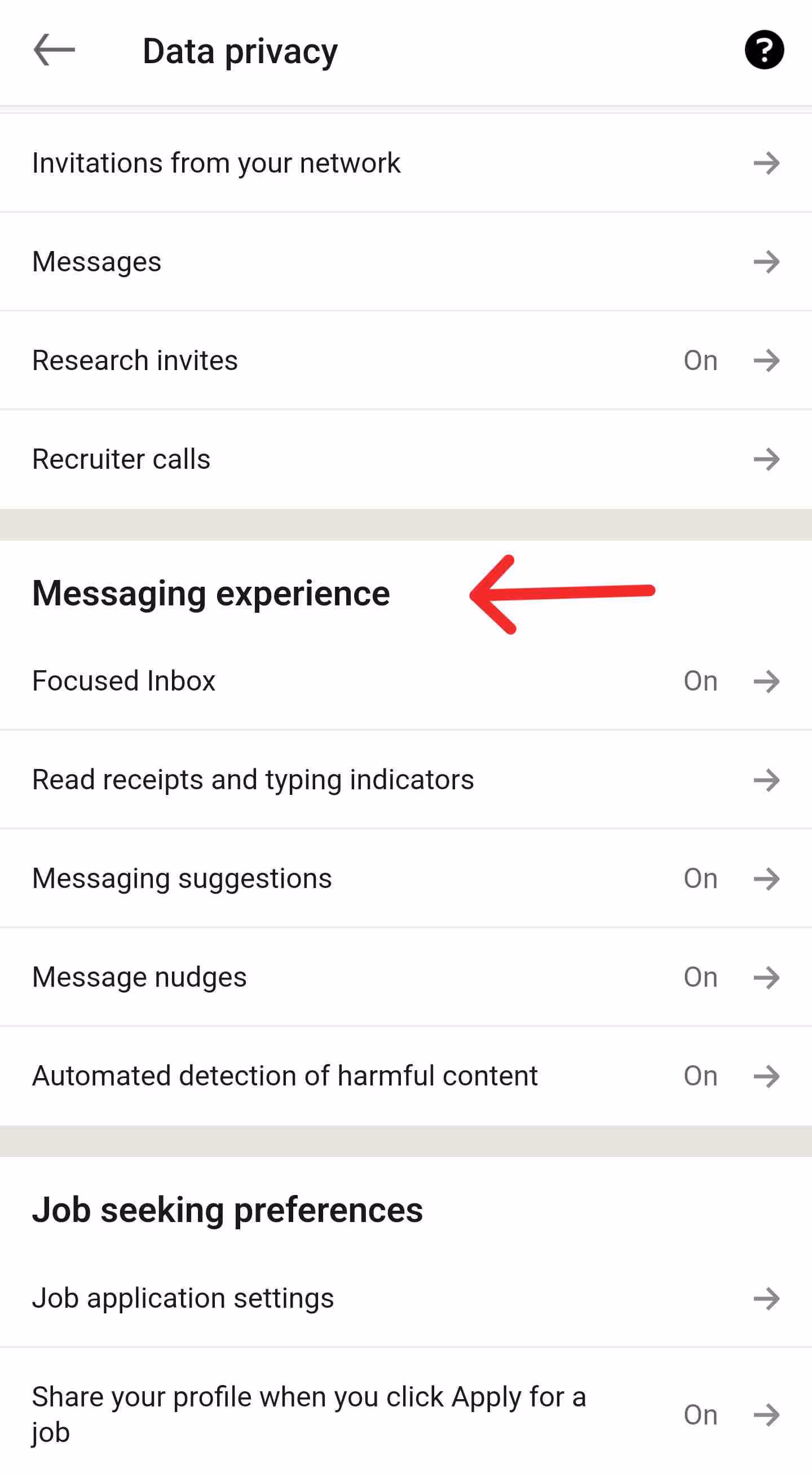 Messaging experience option on LinkedIn app.