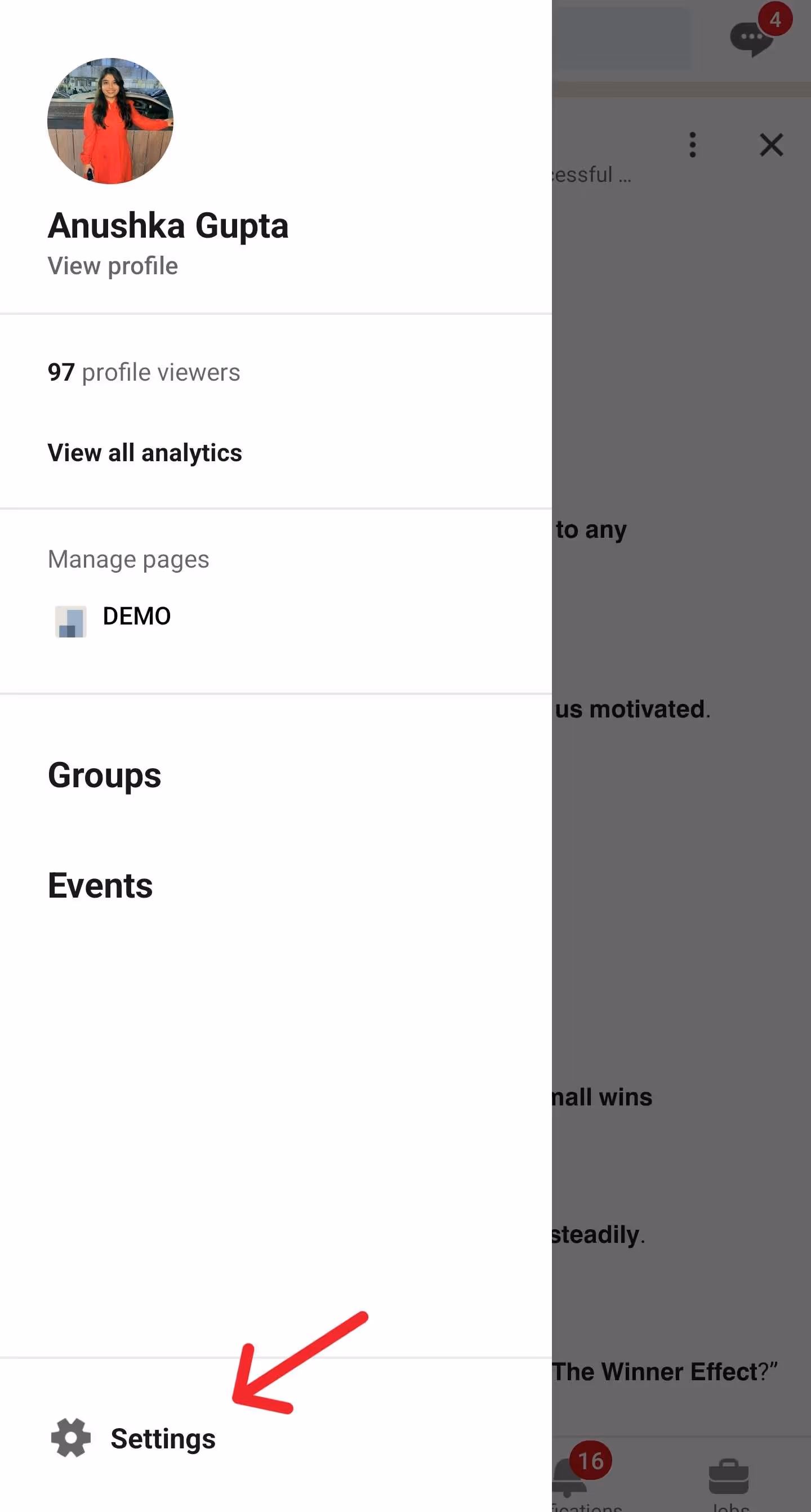 Settings option on LinkedIn app.